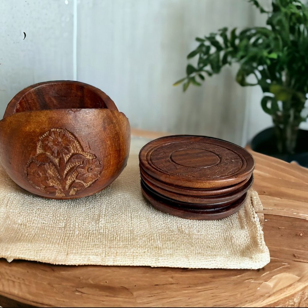 Vintage Hand Carved Sheesham Wood Coasters ( 5)  w/ Floral Carved Holder - Picture 2 of 9